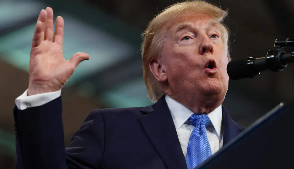 GARDEN CITY, NEW YORK - AUGUST 14: U.S. President Donald Trump delivers remarks at the David S. Mack Center for Training and Intelligence on August 14, 2026 in Garden City, New York. President Trump visited the police academy to highlight the FBI's 2025 Crime Statistics Report and rally support for local Republican candidates ahead of the upcoming midterm elections. Samuel Corum/Getty Images/AFP (Photo by Samuel Corum/GETTY IMAGES NORTH AMERICA/Getty Images via AFP)