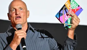 US actor Woody Harrelson speaks on stage with his "Heart Of Sarajevo" award at the 32nd Sarajevo Film Festival in Sarajevo, Bosnia and Herzegovina, on August 18, 2026. (Photo by ELVIS BARUKCIC/AFP)