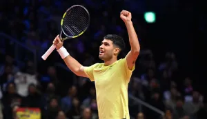 Spain's Carlos Alcaraz celebrates his victory against Italy's Jannik Sinner after their exhibition tennis match at Inspire Arena in Incheon on January 10, 2026. (Photo by Jung Yeon-je/AFP)
