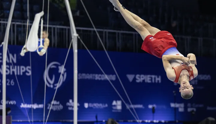 Zagreb, 20.8.2026 - Europsko juniorsko prvenstvo za gimnastičare - momčadski vi&scaron;eboj i kvalifikacije po spravama. Na slici Patrik Felinger.Foto Hina/ Dario GRZELJ/ dag
