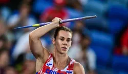 Croatia's Sara Kolak competes in the women's javelin throw final during the European Athletics Championships at Alexander Stadium in Birmingham on August 16, 2026. (Photo by Ben STANSALL/AFP)