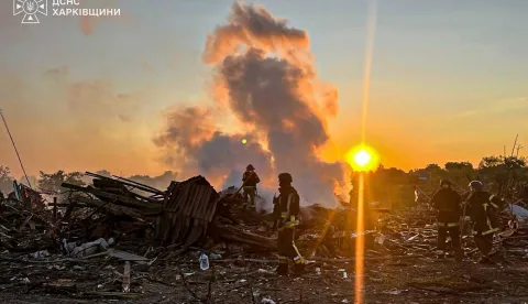 This handout photograph taken and released by the Ukrainian Emergency Service on August 21, 2026, shows Ukrainian rescuers working to extinguish a fire at the site of an alleged air attack in Lebyazhe, Kharkiv region, amid the Russian invasion of Ukraine. (Photo by Handout/UKRAINIAN EMERGENCY SERVICE/AFP)/RESTRICTED TO EDITORIAL USE - MANDATORY CREDIT "AFP PHOTO/UKRAINIAN EMERGENCY SERVICE" - NO MARKETING NO ADVERTISING CAMPAIGNS - DISTRIBUTED AS A SERVICE TO CLIENTS