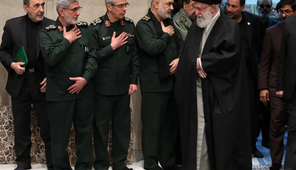 epa08114034 A handout picture made available by the supreme leader office shows, Iran's Supreme Leader Ayatollah Ali Khamenei (R) greets newly-appointed head of the Islamic Revolutionary Guards Quds force Esmail Qaani (2-L), Iranian Revolutionary Guards commander Major General Hossein Salami (4-L), Iran's Revolutianary Guard commander and Chief of Staff for the Armed Forces Mohammad Bagheri (3-L), during a mourning ceremony held by supreme leader for late Revolutionary Guards Quds force Qasem Soleimani in Tehran, Iran, 09 January 2020. EPA/SUPREME LEADER OFFICE HANDOUT HANDOUT EDITORIAL USE ONLY/NO SALES
