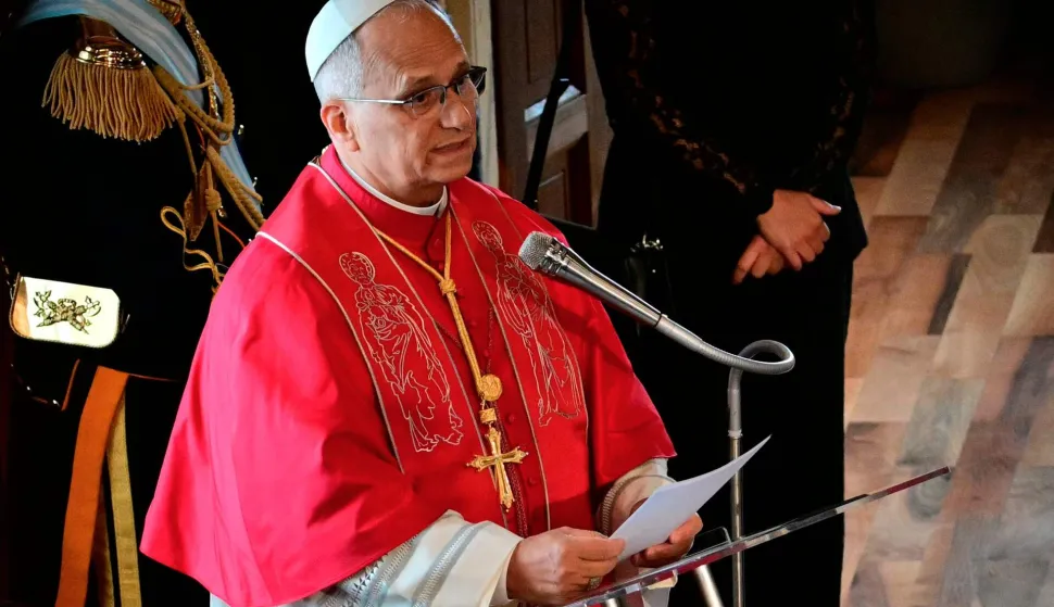 Pope Leo XIV addresses San Marino's authorities at the Public Palace during a pastoral visit to San Marino on 22 August 2026. (Photo by Stefano RELLANDINI/AFP)