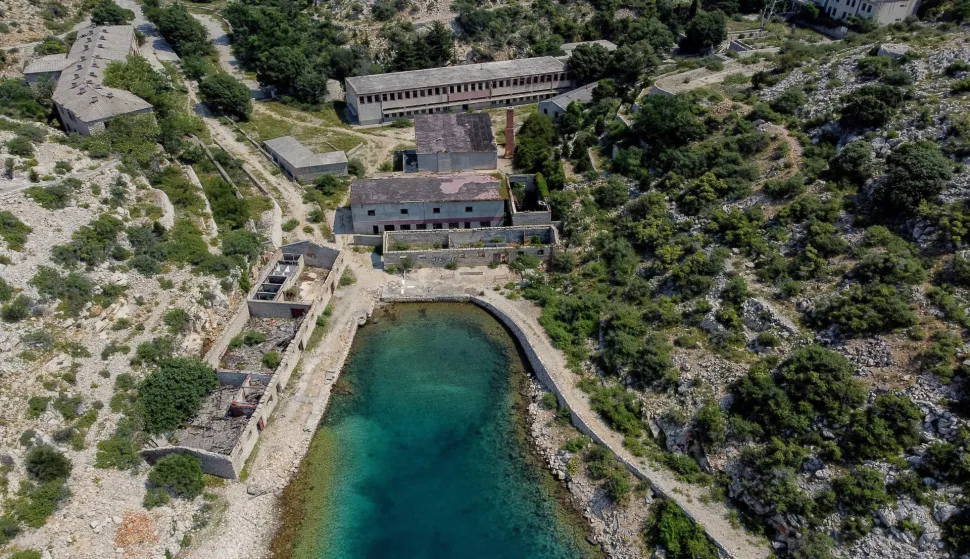 11.07.2024., Goli otok - Zracna fotografija Golog otoka na kojem se gotovo 40 godina nalazio logor i zatvor. Logor je na otoku otvoren 1949. godine, a ukinut je 1988. te se procjenjuje da je kroz logor pro&scaron;lo između 17 i 32 tisuće zatvorenika. Photo: Sime Zelic/PIXSELL