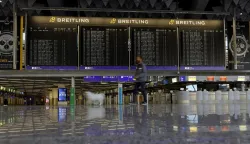 epa10544956 A view at a flight board with all flights cancelled at a terminal inside at the Frankfurt airport during a nationwide transportation warning strike in Frankfurt am Main, Germany, 27 March 2023. German unions are calling on thousands of workers across the country's transport system to stage a one-day warning strike that is expected to bring widespread disruption to planes, trains and local transit. EPA/RONALD WITTEK