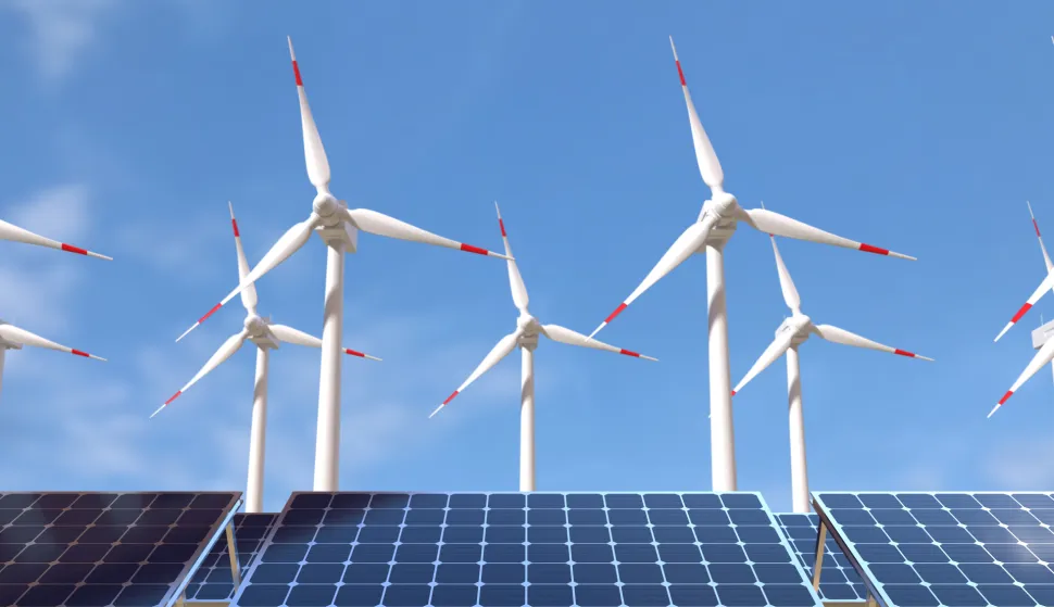 Solar panels and wind turbines, Green energy concept. 3D illustrationobnovljivi izbori eneregije solarni paneli vjetroturbine