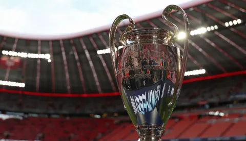 The UEFA Champions League trophy is on display prior to the UEFA Champions League second-leg, semi-final football match between FC Bayern Munich and Paris Saint-Germain (PSG) in Munich, southern Germany on May 6, 2026. (Photo by Franck FIFE/AFP)