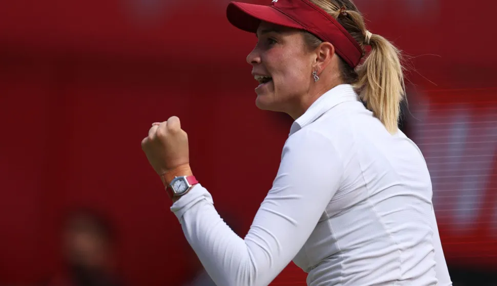 Croatia's Donna Vekic reacts against Britain's Katie Boulter during their women's singles semi-final tennis match at the HSBC WTA Championships at Queen's Club in west London on June 13, 2026. (Photo by Adrian Dennis/AFP)