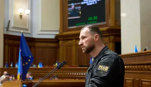 Acting Ukraine's Defence Minister Yevgeniy Khmara addresses members of the Ukrainian parliament before they vote to elect Ukraine?s new defence minister in Kyiv on August 19, 2026, amid the Russian invasion of Ukraine. Ukraine's lawmakers approved new defence minister Yevgeniy Khmara in a parliament vote on August 19, 2026, a month after a controversial reshuffle that saw the dismissal of his popular predecessor, Mykhailo Fedorov. (Photo by AFP)