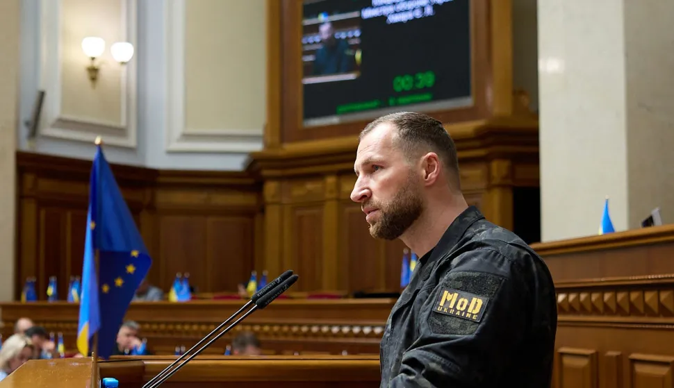 Acting Ukraine's Defence Minister Yevgeniy Khmara addresses members of the Ukrainian parliament before they vote to elect Ukraine?s new defence minister in Kyiv on August 19, 2026, amid the Russian invasion of Ukraine. Ukraine's lawmakers approved new defence minister Yevgeniy Khmara in a parliament vote on August 19, 2026, a month after a controversial reshuffle that saw the dismissal of his popular predecessor, Mykhailo Fedorov. (Photo by AFP)
