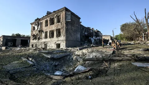 The State Center for Standardization, Metrology and Certification (L), destroyed in a massive combined Russian strike on Zaporizhzhia, Ukraine, on August 11, 2026. Overnight on August 11, Russian forces launched a massive combined strike on Zaporizhzhia, firing 10 missiles at the city, including a North Korean ballistic missile and Zircon hypersonic missiles, as well as guided aerial bombs (KABs). The attack completely destroyed the State Center for Standardization, Metrology and Certification and damaged or destroyed a number of industrial facilities and civilian infrastructure sites, including food establishments, four apartment buildings and a garage cooperative, where the blast wave demolished garages and dozens of vehicles. Six people were killed and 52 others were injured in the attack Photo by Dmytro Smolienko/Ukrinform/ABACAPRESS.COM Photo: Smoliyenko Dmytro/Ukrinform/ABACA/ABACA