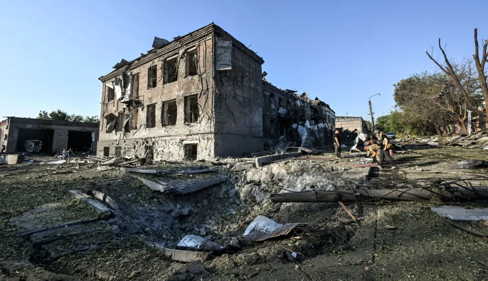 The State Center for Standardization, Metrology and Certification (L), destroyed in a massive combined Russian strike on Zaporizhzhia, Ukraine, on August 11, 2026. Overnight on August 11, Russian forces launched a massive combined strike on Zaporizhzhia, firing 10 missiles at the city, including a North Korean ballistic missile and Zircon hypersonic missiles, as well as guided aerial bombs (KABs). The attack completely destroyed the State Center for Standardization, Metrology and Certification and damaged or destroyed a number of industrial facilities and civilian infrastructure sites, including food establishments, four apartment buildings and a garage cooperative, where the blast wave demolished garages and dozens of vehicles. Six people were killed and 52 others were injured in the attack Photo by Dmytro Smolienko/Ukrinform/ABACAPRESS.COM Photo: Smoliyenko Dmytro/Ukrinform/ABACA/ABACA