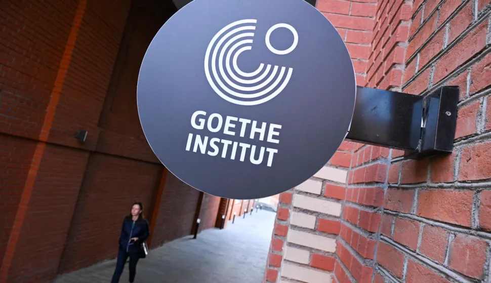 The logo of the Goethe Institute sits on its building in Moscow on September 2, 2026. (Photo by Igor IVANKO/AFP)
