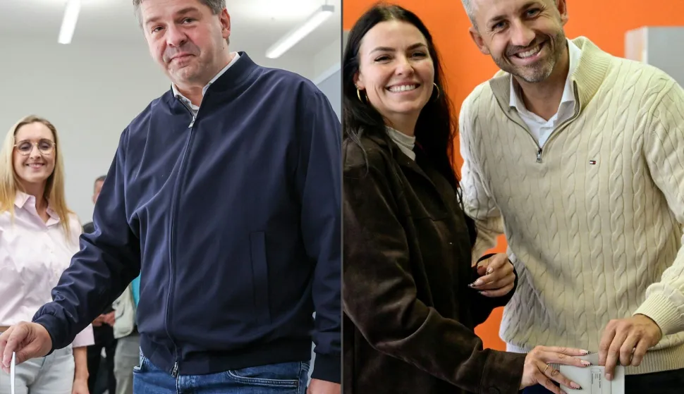 (COMBO) This combination of pictures created on September 6, 2026 shows Sven Schulze (picture at L), Saxony-Anhalt's State Premier and top candidate in the Saxony-Anhalt state election for the conservative Christian Democratic Union (CDU) party, casting his ballot for the state elections next to his wife Kati Schulze in Magdeburg, and Ulrich Siegmund (picture at R), top candidate in the Saxony-Anhalt state election for the far-right Alternative for Germany (AfD) party, and his wife Julia Siegmund casting their votes for the state elections in Saxony-Anhalt in Tangermuende, eastern Germany on September 6, 2026. Polls opened at 8:00 am local time (0600 GMT) in Saxony-Anhalt, in east Germany, for a regional vote in which the far-right AfD is the clear frontrunner and could win its first state government. More than 1.7 million voters have until 6:00 pm (1600 GMT) to elect state lawmakers in a vote seen as a key test for Chancellor Friedrich Merz's increasingly unpopular federal coalition. (Photo by Ronny HARTMANN and John MACDOUGALL/AFP)