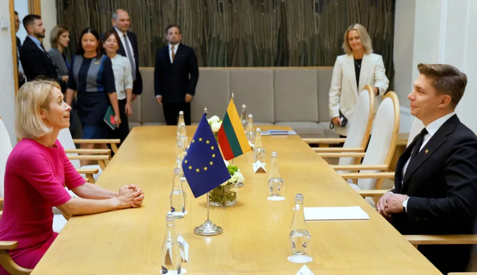 European Commission Vice-President Kaja Kallas attends a meeting with Lithuania's Prime Minister Mindaugas Sinkevicius during her visit to Vilnius, Lithuania, on September 7, 2026. (Photo by Petras Malukas/AFP)