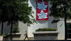 WASHINGTON, DC - AUGUST 26: A banner celebrating Canadian-United States cooperation hangs outside the Canadian Embassy on August 26, 2026 in Washington, DC. Canada announced reciprocal tariffs of 15-percent to 50-percent on about 700 U.S. goods worth about  billion in response to the Trump administration's 50% levies on Canadian imports. Chip Somodevilla/Getty Images/AFP (Photo by CHIP SOMODEVILLA/GETTY IMAGES NORTH AMERICA/Getty Images via AFP)