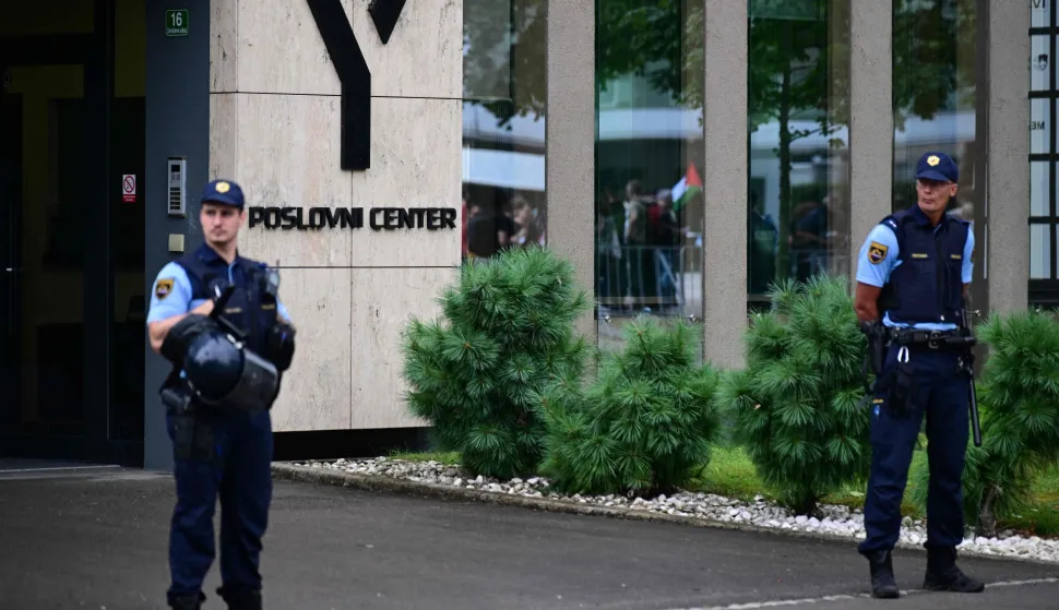 Slovenian police officers stand guard in front of a building housing Israel?s embassy in Slovenia during its opening ceremony in Ljubljana on September 9, 2026. Under nationalist Prime Minister Janez Jansa Slovenia is launching a diplomatic reset of its relationship with Israel, which will send its foreign minister to open its first embassy in Ljubljana on September 9. (Photo by Martin Metelko/AFP)
