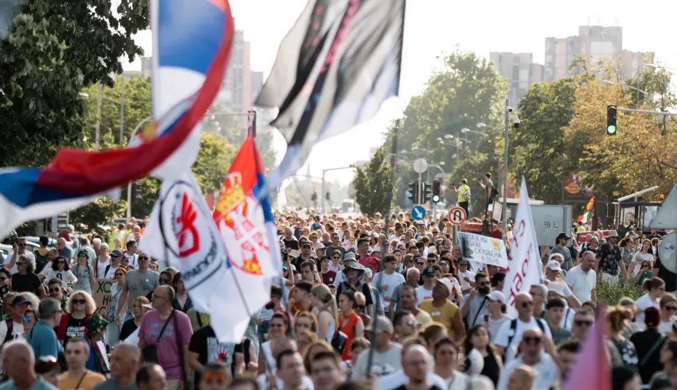 Large group of students and other citizens of Serbia gather during a protest in Novi Sad, on June 20, 2026. The student movement for political change and battle against corruption, organized the protest with aim of informing the citizens of their goals and future political plans. (Photo by UROS ARSIC/AFP)