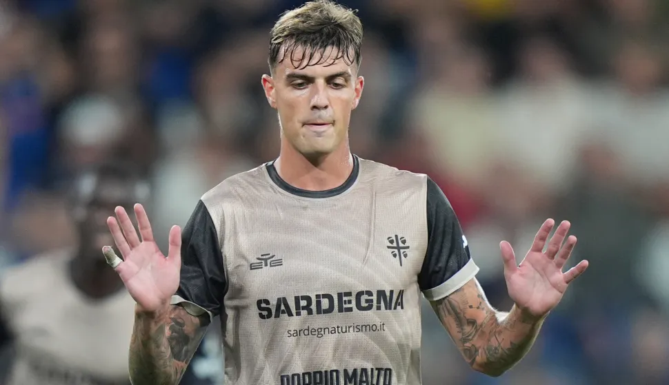 Cagliari's Daniel Maldini celebrates after scoring 1-2 during the Serie A soccer match between Atalanta and Cagliari at New Balance Arena in Bergamo, Italy - September 12, 2026. Sport - Soccer (Photo by Spada/LaPresse/Sipa USA) Photo: LaPresse/SIPA USA