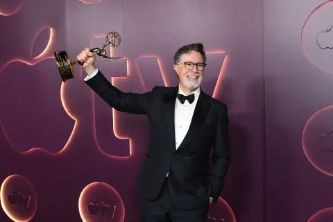 US comedian and writer Stephen Colbert attends the Apple TV 2026 Emmy nominees party at NYA Studios West in Hollywood, California on September 14, 2026. (Photo by Unique Nicole/AFP)