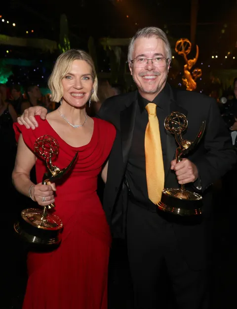LOS ANGELES, CALIFORNIA - SEPTEMBER 14: (L-R) Rhea Seehorn and Vince Gilligan attend the Governor's Gala during the 78th Primetime Emmy Awards at Peacock Theater on September 14, 2026 in Los Angeles, California. Kevin Winter/Getty Images/AFP (Photo by KEVIN WINTER/GETTY IMAGES NORTH AMERICA/Getty Images via AFP)
