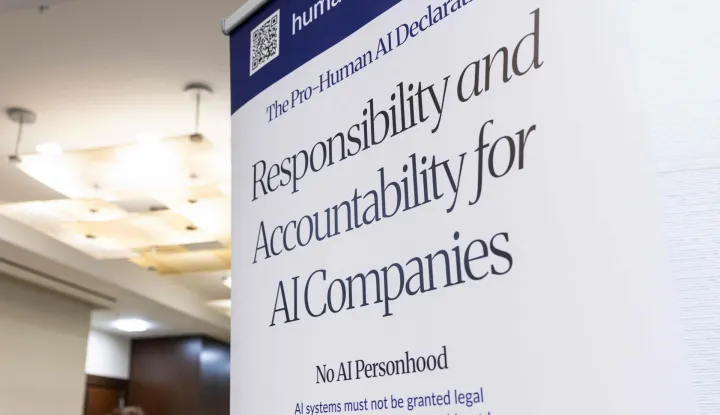 WASHINGTON, DC - SEPTEMBER 15: AI company responsibility signage is displayed in the lobby the Pro-Human Assembly at the Marriott Marquis Washington on September 15, 2026 in Washington, DC. Industry leaders, politicians, and community members gathered for a day of discussion around the topic of AI legislation. Finn Gomez/Getty Images/AFP (Photo by Finn Gomez/GETTY IMAGES NORTH AMERICA/Getty Images via AFP)