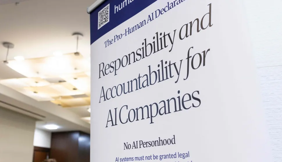 WASHINGTON, DC - SEPTEMBER 15: AI company responsibility signage is displayed in the lobby the Pro-Human Assembly at the Marriott Marquis Washington on September 15, 2026 in Washington, DC. Industry leaders, politicians, and community members gathered for a day of discussion around the topic of AI legislation. Finn Gomez/Getty Images/AFP (Photo by Finn Gomez/GETTY IMAGES NORTH AMERICA/Getty Images via AFP)