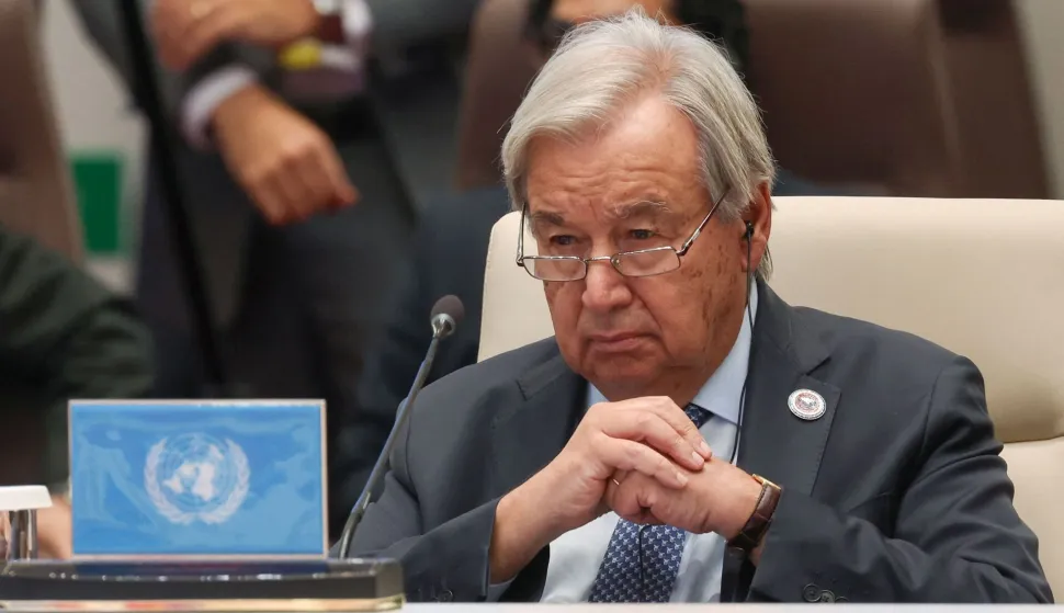 In this pool photograph distributed by the Russian state agency Sputnik, United Nations Secretary-General Antonio Guterres attends a SCO+ format meeting of the Shanghai Cooperation Organisation (SCO) summit in Bishkek on September 1, 2026. (Photo by Vyacheslav PROKOFYEV/POOL/AFP)