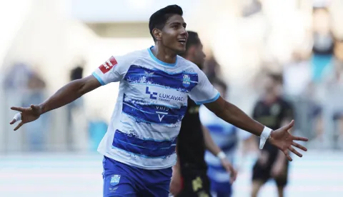 12.09.2026., stadion Opus Arena, Osijek - SuperSport HNL 2026./2027., 07. kolo, NK Osijek - GNK Dinamo. Nogometasi Osijeka slave pogodak Armanda Leona za vodstvo 2:0. Armando Leon Photo: Davor Javorovic/PIXSELL