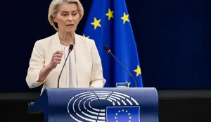 European Commission President Ursula von der Leyen delivers a speech during her annual keynote address at a plenary session of the European Parliament in Strasbourg, eastern France on September 16, 2026. (Photo by Jean-Christophe VERHAEGEN/AFP)