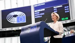 European Commission President Ursula von der Leyen delivers a speech during her annual State of the Union address at a plenary session of the European Parliament in Strasbourg, eastern France on September 16, 2026. EU chief Ursula von der Leyen said Wednesday the future of the 27-nation bloc depends on how it manages climate change and artificial intelligence, as she delivered a major speech in Strasbourg. (Photo by Jean-Christophe VERHAEGEN/AFP)