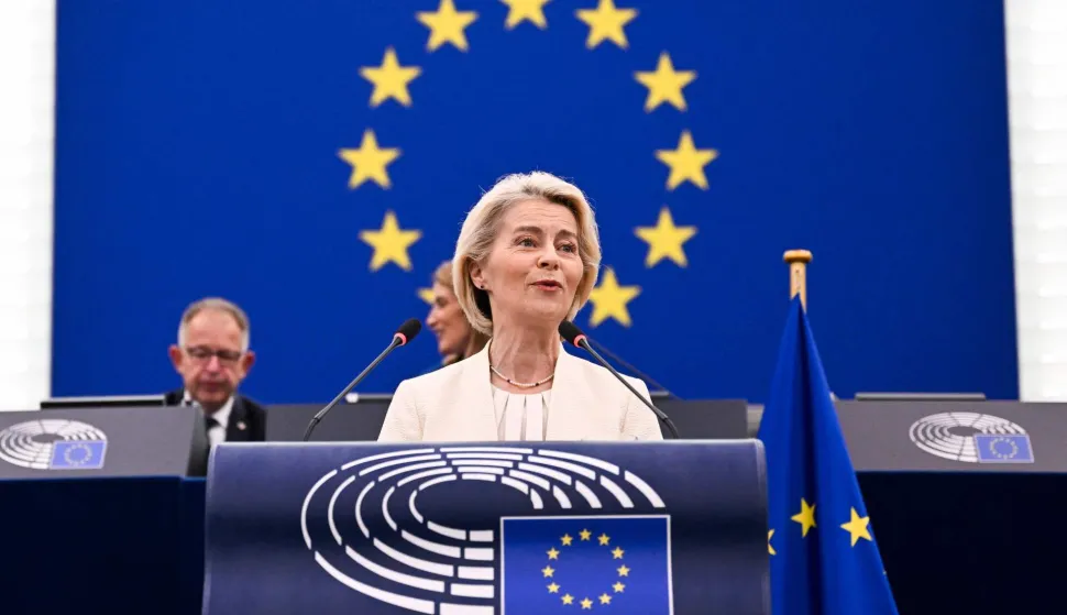 European Commission President Ursula von der Leyen delivers a speech during her annual State of the Union address at a plenary session of the European Parliament in Strasbourg, eastern France on September 16, 2026. EU chief Ursula von der Leyen said Wednesday the future of the 27-nation bloc depends on how it manages climate change and artificial intelligence, as she delivered a major speech in Strasbourg. (Photo by Jean-Christophe VERHAEGEN/AFP)
