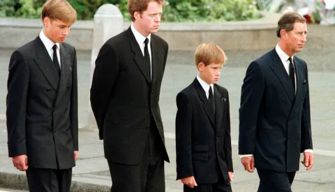 (FILES) (L to R) Britian's Prince William, Earl Spencer, Prince Harry and then-Prince Charles walk outside Westminster Abbey during the funeral service for Diana, Princess of Wales on September 6, 1997. Buckingham Palace on September 17, 2026 has hit back at claims by the late Princess Diana's brother that King Charles III acted insensitively following her death in a car crash almost 30 years ago. The palace issued an unusually strong statement after Charles Spencer claimed in his new memoir that the then-prince, Diana's former husband, said "rest assured, we'll forget her soon enough" days after she died in 1997. (Photo by JEFF J MITCHELL/POOL/AFP)