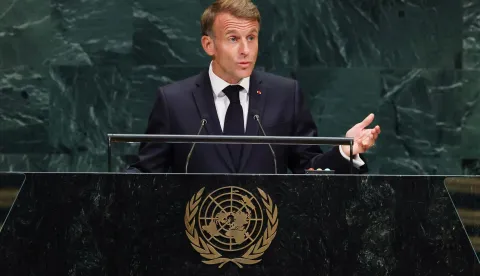 France's President Emmanuel Macron speaks during the 81st United Nations General Assembly at the United Nations Headquarters in New York, on September 22, 2026. (Photo by TIMOTHY A. CLARY/AFP)