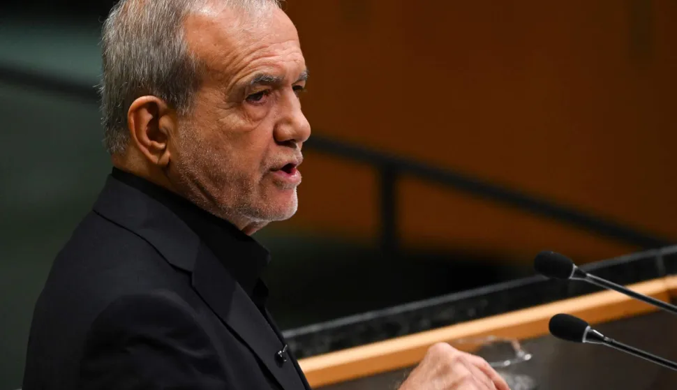 NEW YORK, NEW YORK - SEPTEMBER 23: President?of?Iran?Masoud Pezeshkian addresses the 81st session of the United Nations (U.N.) General Assembly at U.N. Headquarters on September 23, 2026 in New York City. World leaders have gathered in New York for the annual session of the United Nations General Assembly, with this year's global issues ranging from the threat of artificial intelligence to the continued wars in Ukraine and Gaza. Alexi J. Rosenfeld/Getty Images/AFP (Photo by Alexi J. Rosenfeld/GETTY IMAGES NORTH AMERICA/Getty Images via AFP)