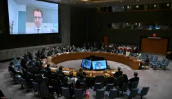 Anthropic CEO Dario Amodei (L) and Hugging Face CEO Clement Delangue appears by video during a UN Security Council meeting on artificial intelligence during the 81st United Nations General Assembly at UN headquarters in New York on September 23, 2026. (Photo by ANGELA WEISS/AFP)