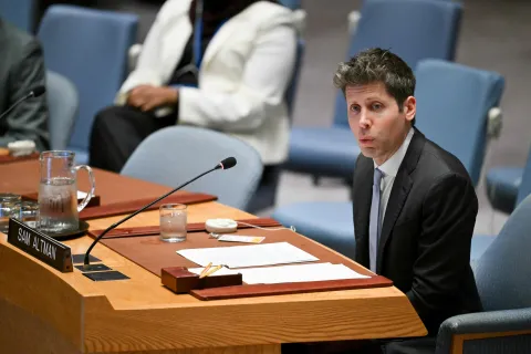 OpenAI CEO Sam Altman during a UN Security Council meeting on Artificial Intelligence during the 81st United Nations General Assembly at the United Nations Headquarters in New York, on September 23, 2026. (Photo by ANGELA WEISS/AFP)
