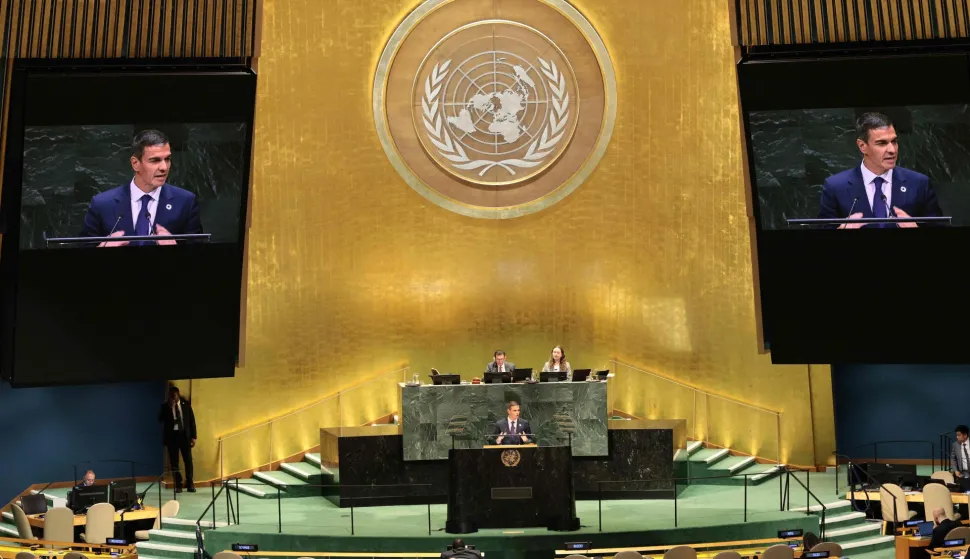 NEW YORK, NEW YORK - SEPTEMBER 23: Prime Minister of Spain Pedro Sanchez speaks during the 81st session of the United Nations (U.N.) General Assembly at U.N. Headquarters on September 23, 2026 in New York City. World leaders have gathered in New York for the annual session of the United Nations General Assembly, with this year's global issues ranging from the threat of artificial intelligence to the continued wars in Ukraine and Gaza. Michael M. Santiago/Getty Images/AFP (Photo by Michael M. Santiago/GETTY IMAGES NORTH AMERICA/Getty Images via AFP)