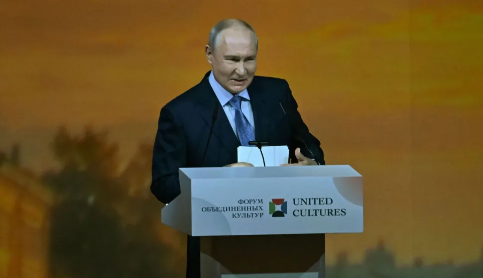 Russian President Vladimir Putin gives a speech during the International United Cultures Forum at the Mariinsky Theatre in Saint Petersburg on September 25, 2026. (Photo by Olga MALTSEVA/AFP)