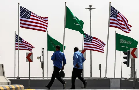 epa12094083 A street is decorated with the flags of Saudi Arabia and the US ahead of the US president's visit, in Riyadh, Saudi Arabia, 12 May 2025. The US President Donald Trump will start his visit to the Arabian Gulf region on 13 May 2025, with stops in Qatar and the United Arab Emirates and starting from Riyadh, where he is expected to attend a meeting with the leaders of the Gulf Cooperation Council (GCC). EPA/ALI HAIDER