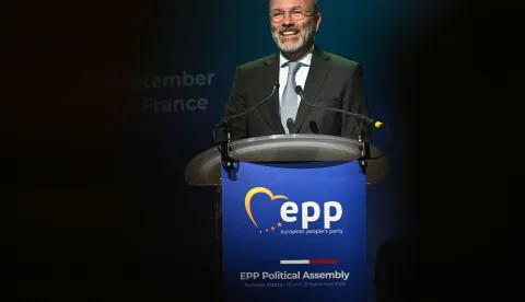 EPP President Manfred Weber delivers a speech at the political assembly of the European People?s Party (EPP) in Toulouse, southwestern France, on September 28, 2026. (Photo by Matthieu RONDEL/AFP)
