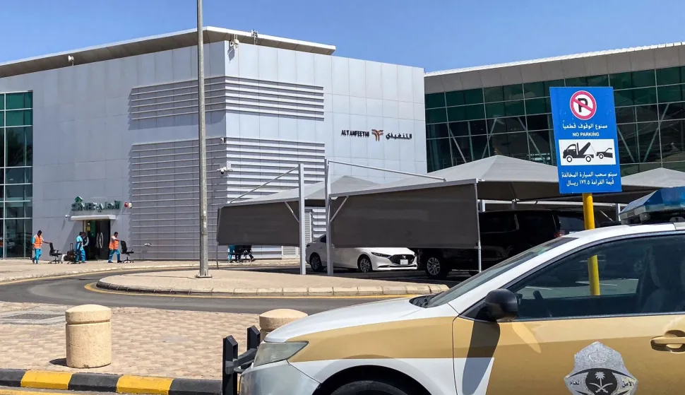 A security services vehicle is parked outside Prince Sultan bin Abdulaziz Airport in Tabuk on September 30, 2026. A flydubai plane bound for Tel Aviv was forced to land in Saudi Arabia on September 30 after an "incident", the airline said, with Israeli media reporting an altercation between the pilots. Flight FZ 1073 from Dubai to Tel Aviv "experienced an incident while en route. The aircraft has landed safely in Tabuk Airport (TUU) and all passengers are safe and accounted for," the spokesperson for the low-cost carrier said in a statement. (Photo by AFP)