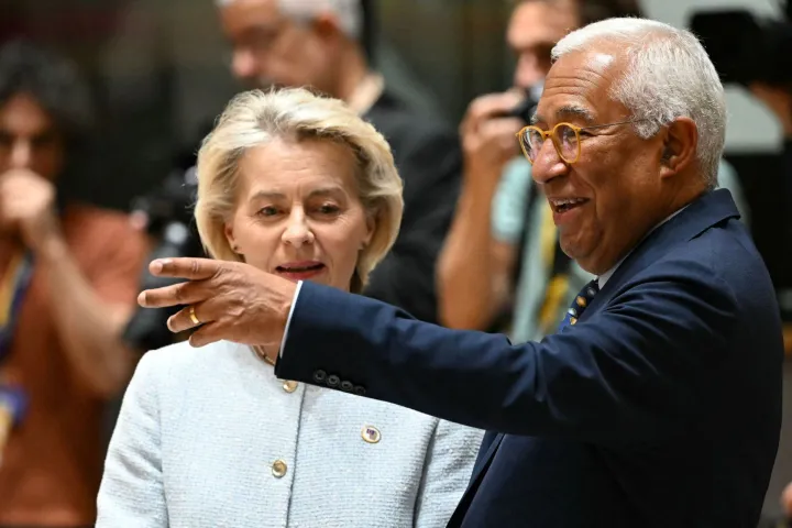 European Commission President Ursula von der Leyen and European Council President Antonio Costa arrives to attend a round table meeting during the EU Summit at the EU headquarters in Brussels, on June 18, 2026. (Photo by NICOLAS TUCAT/AFP)