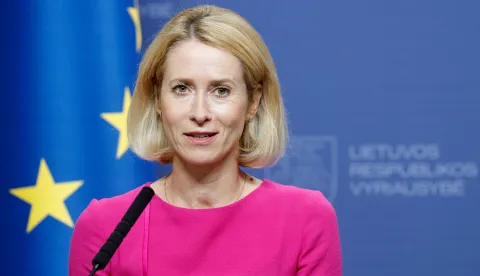 European Commission Vice-President Kaja Kallas addresses a joint press conference with Lithuania's Prime Minister after their meeting in Vilnius, Lithuania, on September 7, 2026. (Photo by Petras Malukas/AFP)