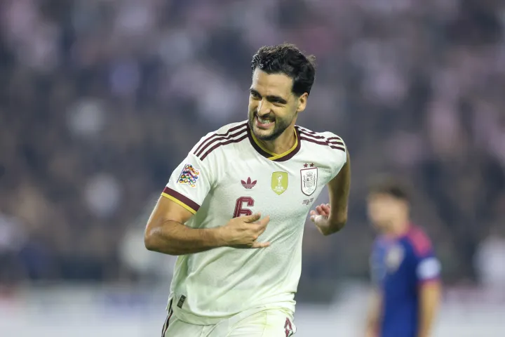 06.10.2026., stadion Poljud, Split - UEFA Liga nacija, Liga A, skupina 3, 4. kolo, Hrvatska - Spanjolska. Slavlje nogometasa Spanjolske nakon pogotka Mikela Merina za vodstvo 2:1. Mikel Merino Photo: Sanjin Strukic/PIXSELL