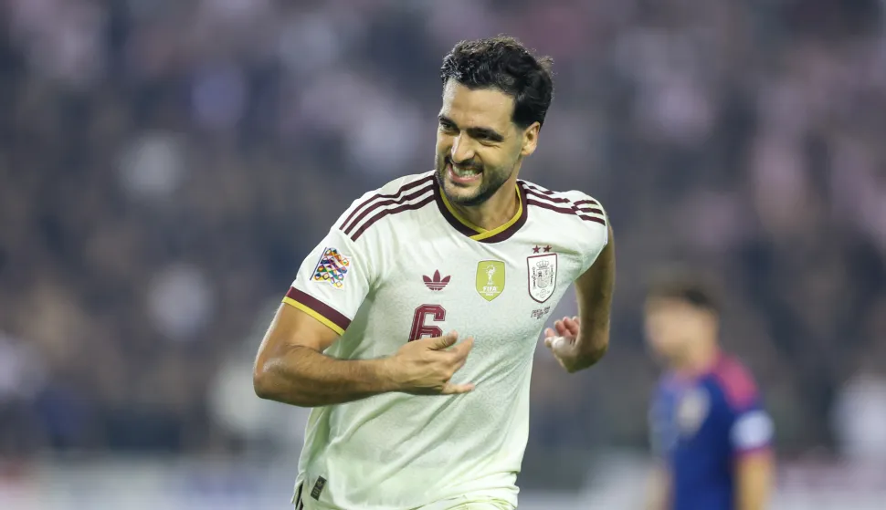 06.10.2026., stadion Poljud, Split - UEFA Liga nacija, Liga A, skupina 3, 4. kolo, Hrvatska - Spanjolska. Slavlje nogometasa Spanjolske nakon pogotka Mikela Merina za vodstvo 2:1. Mikel Merino Photo: Sanjin Strukic/PIXSELL