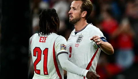 England's striker #09 Harry Kane celebrates scoring the team's second goal with England's midfielder #21 Eberechi Eze (L) during the UEFA Nations League, League A - Group 3, football match between England and Czech Republic at Wembley Stadium in London on October 6, 2026. (Photo by Ben STANSALL/AFP)/NOT FOR MARKETING OR ADVERTISING USE/RESTRICTED TO EDITORIAL USE
