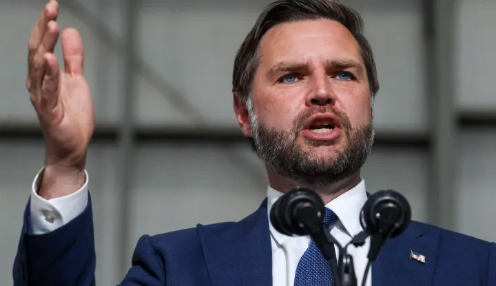 MILWAUKEE, WISCONSIN - JULY 08: U.S. Vice President JD Vance speaks at the 128th Air Refueling Wing Hangar on July 08, 2026 in Milwaukee, Wisconsin. Vance traveled to Milwaukee to deliver remarks on the Trump administration's anti-fraud initiatives. Scott Olson/Getty Images/AFP (Photo by SCOTT OLSON/GETTY IMAGES NORTH AMERICA/Getty Images via AFP)
