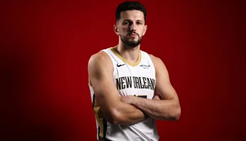 NEW ORLEANS, LOUISIANA - SEPTEMBER 28: Karlo Matkovic #17 of the New Orleans Pelicans poses for a photo at the Smoothie King Center on September 28, 2026 in New Orleans, Louisiana. NOTE TO USER: User expressly acknowledges and agrees that, by downloading and or using this photograph, User is consenting to the terms and conditions of the GettyImages License Agreement. Chris Graythen/Getty Images/AFP (Photo by Chris Graythen/GETTY IMAGES NORTH AMERICA/Getty Images via AFP)